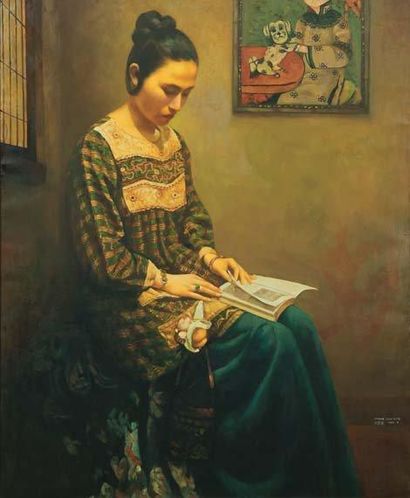 WANG JUN YING Femme à la lecture, 1999-9 Huile sur toile, signée et datée en bas...