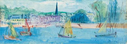 Jean Dufy Voiles jaunes dans le port de Honfleur, vers 1946-1948 Huile sur toile...