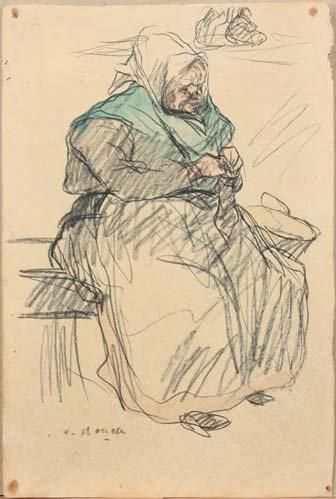 Isidro NONELL Y MONTURIOL Vieille femme assise Crayon noir et aquarelle (insolation,...