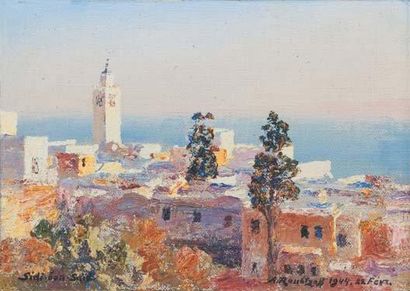 Alexandre ROUBTZOFF Le minaret à Sidi Bou Saïd, 22 fev. 1944 Huile sur carton toilé,...
