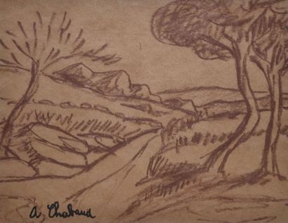 Auguste CHABAUD Trois arbres - Chemin Deux dessins au crayon brun sur papier beige,...