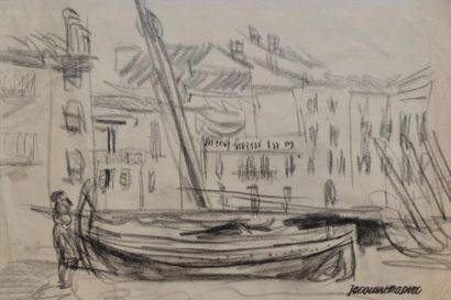 Jacques CHAPIRO Petit port de pêche Fusain (traces de plis), cachet de la signature...