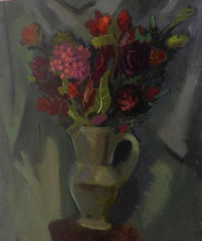 Robert SIMON Roses rouges et géraniums Huile sur toile, cachet d'atelier au dos....