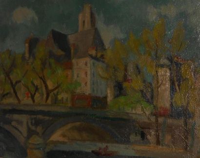 Robert SIMON Les quais de Seine au pont Marie Huile sur carton, cachet d'atelier...