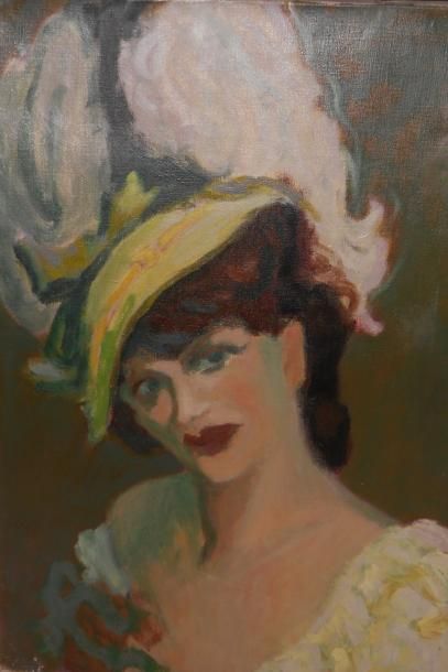 Robert SIMON Le chapeau à plumes Huile sur toile, cachet d'atelier au dos. 55 x 38...