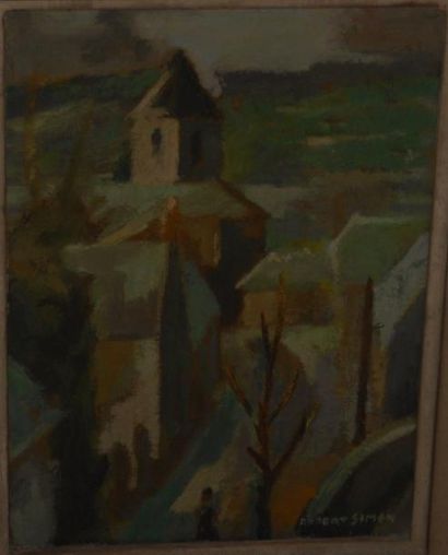 Robert SIMON Église de Villiers-sur-Morin Huile sur carton marouflé sur panneau,...