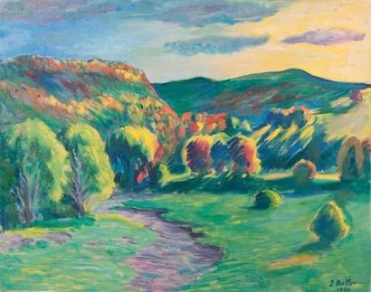 James P. BUTLER Collines aux arbres, vallée de l'Epte, 1920 Huile sur toile (restaurations),...