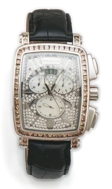 De LA COUR Genève Montre chronographe d'homme rectangulaire en or blanc 18K (750/1000e),...