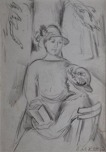 DE LA PATELIÈRE Amédée, 1890 -1932 Les deux femmes aux chapeaux à fleurs, 1922 Crayon...