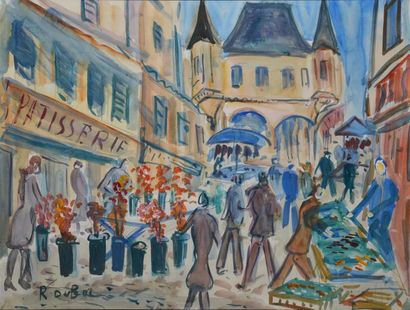 DUBUC Roland, 1924 -1998 La rue du marché Aquarelle gouachée, signée en bas à gauche....