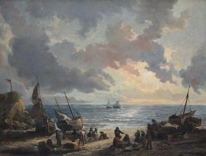 ECOLE FRANCAISE XIXe siècle Retour de pêche sur la grève Huile sur toile, inscription...