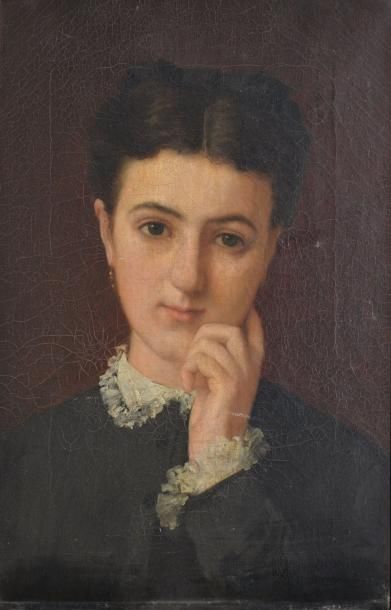 ECOLE FRANCAISE XIXe siècle Femme rêveuse Huile sur toile (craquelures), non signée,...