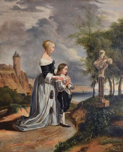 ÉCOLE FRANÇAISE, milieu XIXe siècle Mère et son fils en prière au calvaire, 1842...
