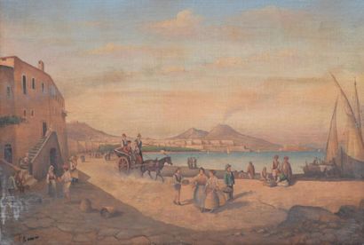 École Napolitaine, XIXe siècle La grève animée, baie de Naples, 1866 Huile sur toile...