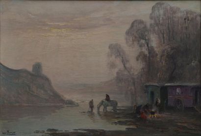 FOREAU Henri, 1866 -1938 Les roulottes au bord de rivière Huile sur toile, signée...