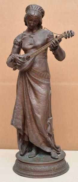 GAUDEZ Adrien, 1845 -1902 Joueuse au luth Bronze à patine brune sur son socle tour...