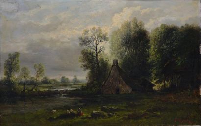 GUEDY Eugène, circa 1840 -1897 Bergère près de la ferme Huile sur panneau, signé...