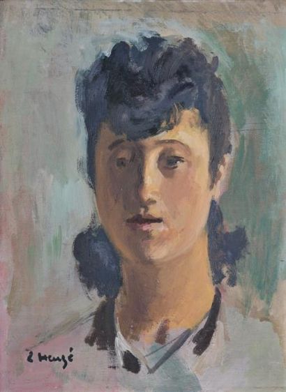 HEUZÉ Edmond, 1884 -1967 Tête de femme brune Huile sur panneau (petit manque en haut...