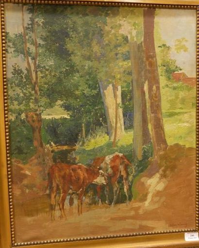 LUNOIS Alexandre, 1863 -1916 Vaches sous les arbres Huile sur car ton toilé, signé...