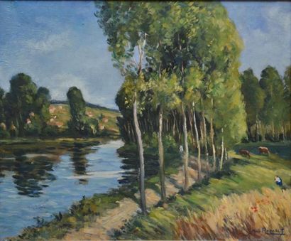 RENAULT Abel, 1903 -1991 Peupliers en bord de rivière Huile sur toile (très petits...