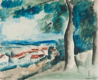 VLAMINCK Maurice de, 1876 -1958 Arbres et village aux toits rouges Aquarelle (rousseurs),...