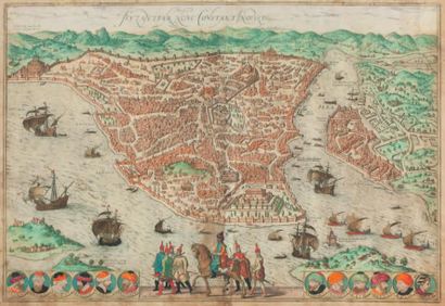 null Carte de Constantinople du XVIIIe siècle. Estampe coloriée avec ses marges....