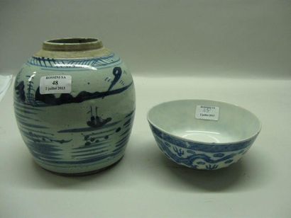 ASIE Lot comprenant: Un pot en porcelaine bleu et blanc à décor de paysage lacustre....