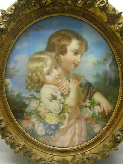 ÉCOLE FRANÇAISE (VERS 1900) Enfants aux raisins et aux fleurs Paire de pastels de...