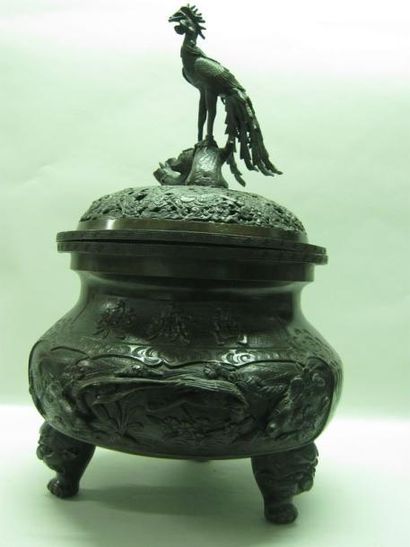 ASIE Important brûle-parfum en bronze, la prise formée d'un oiseau fohang. Japon,...