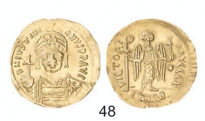 null BYZANCE. Justinien I (527 - 565). Solidus de Constantinople. R / Ange tenant...