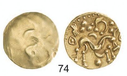 null AMBIANI (Belgium). Statère d'or (6,36 g) pseudo uniface au cheval surmonté d'un...