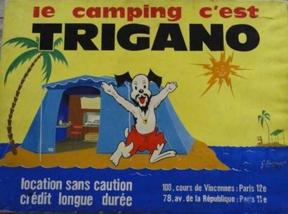 LECUREUX G Le camping c'est Trigano maquette gouache entoilée montée sur chassis...