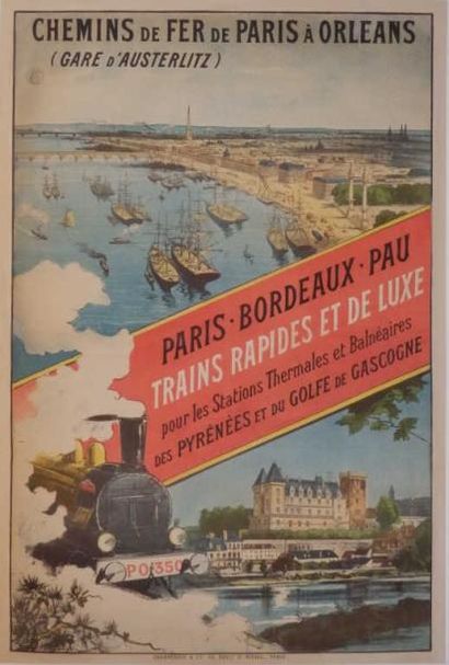 TAUZIN LOUIS Paris Bordeaux Pau trains rapides entoilée très bon état 75 x 11 cm