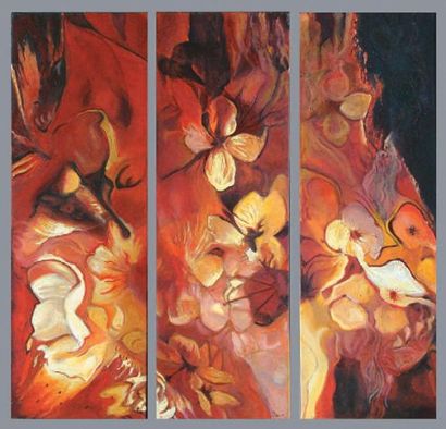 DAVAR, né en 1955 Golatash, Les fleurs enflamées Triptyque, huile sur toiles, signées,...
