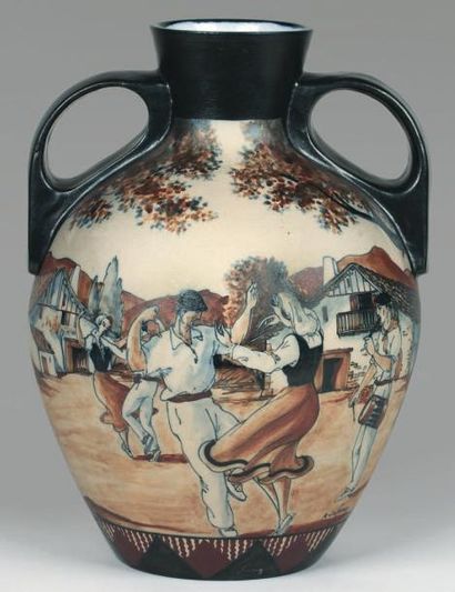CIBOURE Vase pansu en grès à col cylindrique légèrement évasé muni de deux anses...