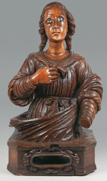 null Buste reliquaire en bois sculpté et ciré de la fin du XVIIe siècle. La sainte...
