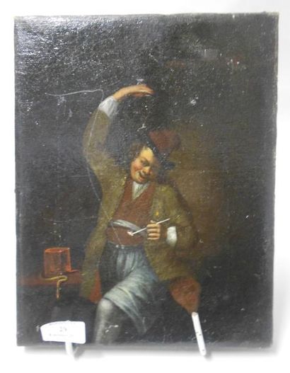 École HOLLANDAISE du XVIIIe siècle Homme à la pipe levant son verre Huile sur toile...