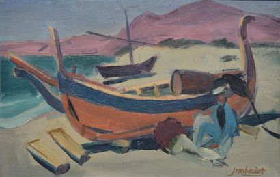 BAUDET Jean, né en 1914 Pêcheur et barque sur la grève Huile sur toile, signée en...