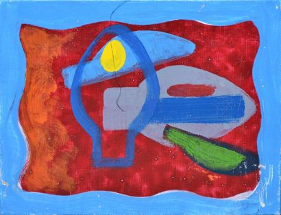 BELLEGARDE Claude, né en 1927 Sans titre fond bleu, 1972 Peinture sur toile (manques),...