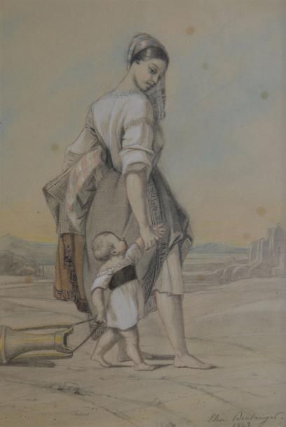 BOULANGER Élisa, XIXe siècle Jeune grecque et son enfant, 1843 Dessin aux crayons...