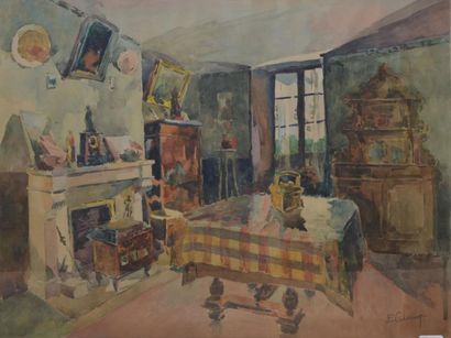 CANNET Édouard, 1896-1964 Intérieur rustique Aquarelle, signée en bas à droite, 45x60...