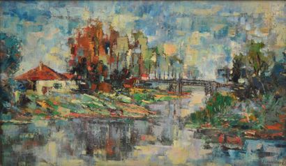CHABOUDE Jean, 1927-1987 Rivière et pont, 1958 Huile sur toile, signée et datée en...