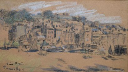 CHAPUIS Pierre, 1863-1942 Bateaux et maisons à Trouville Dessin aux pastels gras...