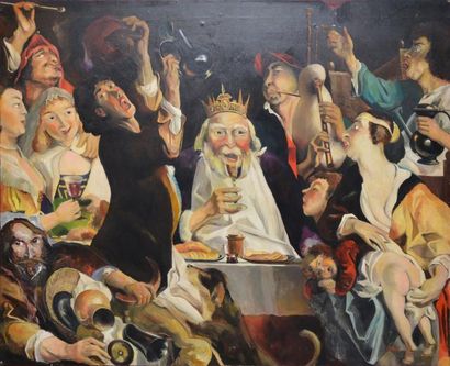 CHOL, XXe siècle Le Roi boit Huile sur toile (restaurations), signée en bas à droite,...
