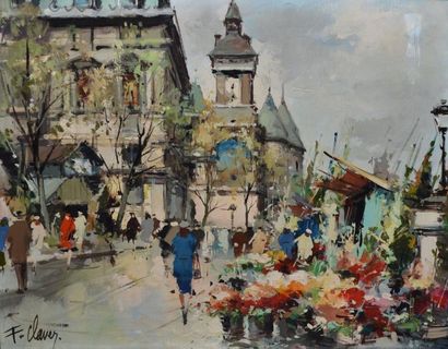 CLAVER Fernand, 1918-1961 Le marché aux fleurs et les quais, Paris Huile sur toile,...