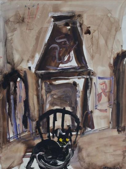 DAMIANO Bernard, 1926-2000 Intérieur au chat Aquarelle gouachée (griffures), signée...