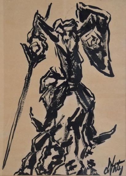 D'ANTY Henri, né en 1910 Don Quichotte Encre noire sur papier beige, signé en bas...