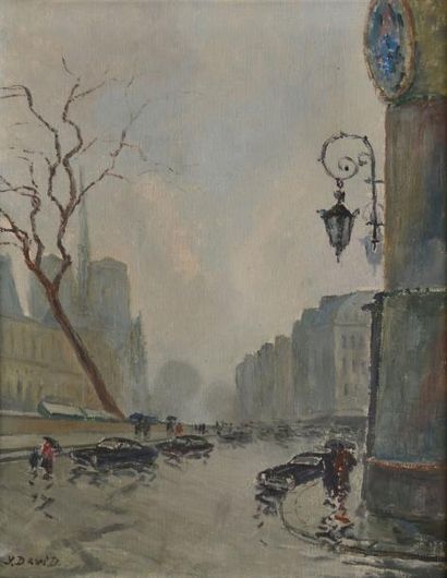DAVID Y., XXe siècle Paris sous la pluie Huile sur toile, signée en bas à gauche,...