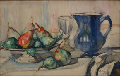 DELETANG Robert, 1874-1951 Composition de poires et pichet bleu, 1936 Aquarelle (insolation),...