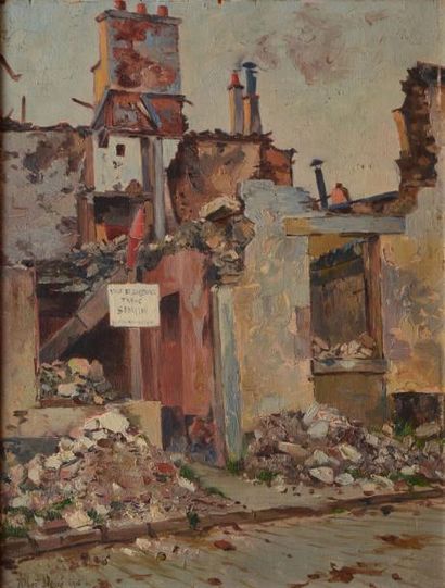 DEPRÉ Albert, 1861-1937 Bureau de tabac dans les ruines, Senlis, 7 avril 1916 Huile...